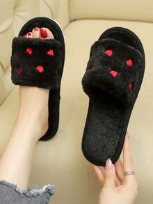 心形刺绣女士家居拖鞋，时尚可爱蓬松一脚蹬拖鞋，露趾户外服装，保暖秋冬拖鞋，产后拖鞋 - 黑色 - 查看 4