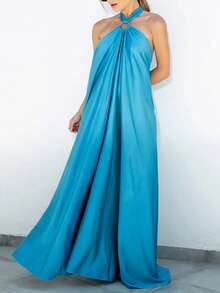 大码女士O型环交叉露背长款沙滩连衣裙，适合派对穿着，夏季 - 藍色 - 查看 3