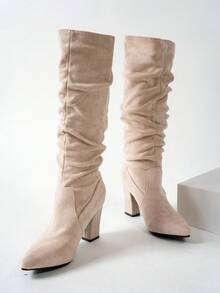 弹力针织尖头高跟长靴，新款秋季高跟度假风女靴，褶皱设计，拉长腿部线条，适合音乐节穿着，百搭切尔西靴，舒适布靴 - 卡其色 - 查看 8