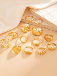 Juego de 13 piezas de anillos de nudillo con gota de agua brillante estilo Ins, anillos de metal líquido arrugado asimétrico cruzado, adecuado para fiesta, regalo, uso diario - Dorado - Ver 3