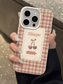 1 buc Husă de telefon la modă cu model vintage în carouri și cireșe, impermeabilă, anti-cădere, anti-alunecare, din piele moale, cu textură, compatibilă cu Apple și alte telefoane