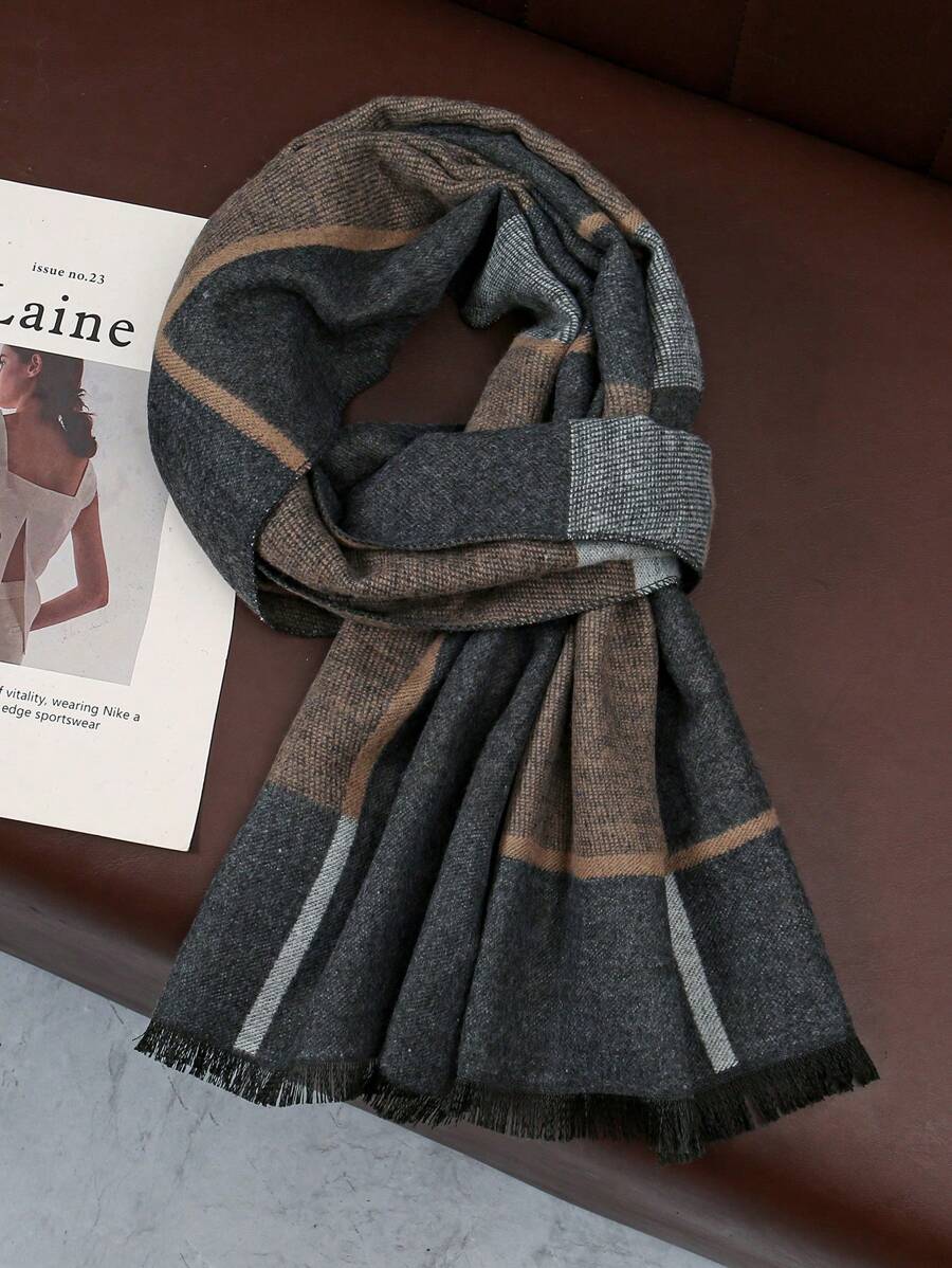 1条男士格纹撞色印花围巾。休闲、时尚、百搭、中性。适合男士服装 | 女士秋季服装 | 适合各行各业的教师和专业人士。也是完美的万圣节礼物。 - 卡其色 - 查看 1