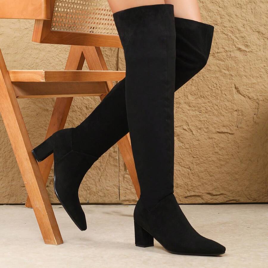 Kozaki za kolano dla kobiet, dopasowany krój, elastyczna cholewka, wysoka cholewka, gruby obcas, szpiczasty nosek, nowe, uniwersalne, wysokie kozaki, futrzane oficerki