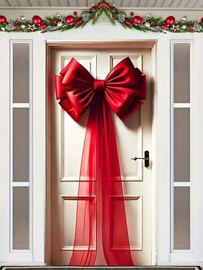 [1 件优雅红色蝴蝶结门横幅] 优雅红色蝴蝶结门横幅，涤纶多用途门罩，无需电力，适用于圣诞节、情人节、婚礼、生日、户外露台和入口装饰