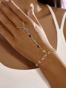1pc Fashionable Versatile Minimalist Colorful Crystal Decorated Fingerless Bracelet For Women, Suitable For Any Occasion - Beach, Party, Daily Commute, All Seasons[Crystal Color Random] - Gold - 查看 2