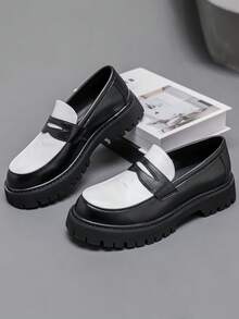 2025 New Men's Formal Slip-On Loafers [ Street Style], Black & White Patchwork Thick Sole Loafers, British Style Slip-On + Premium Leather Patchwork, Unique Serrated Outsole For Height Increase & Slimming, Suitable For Casual, Business And Various Styles