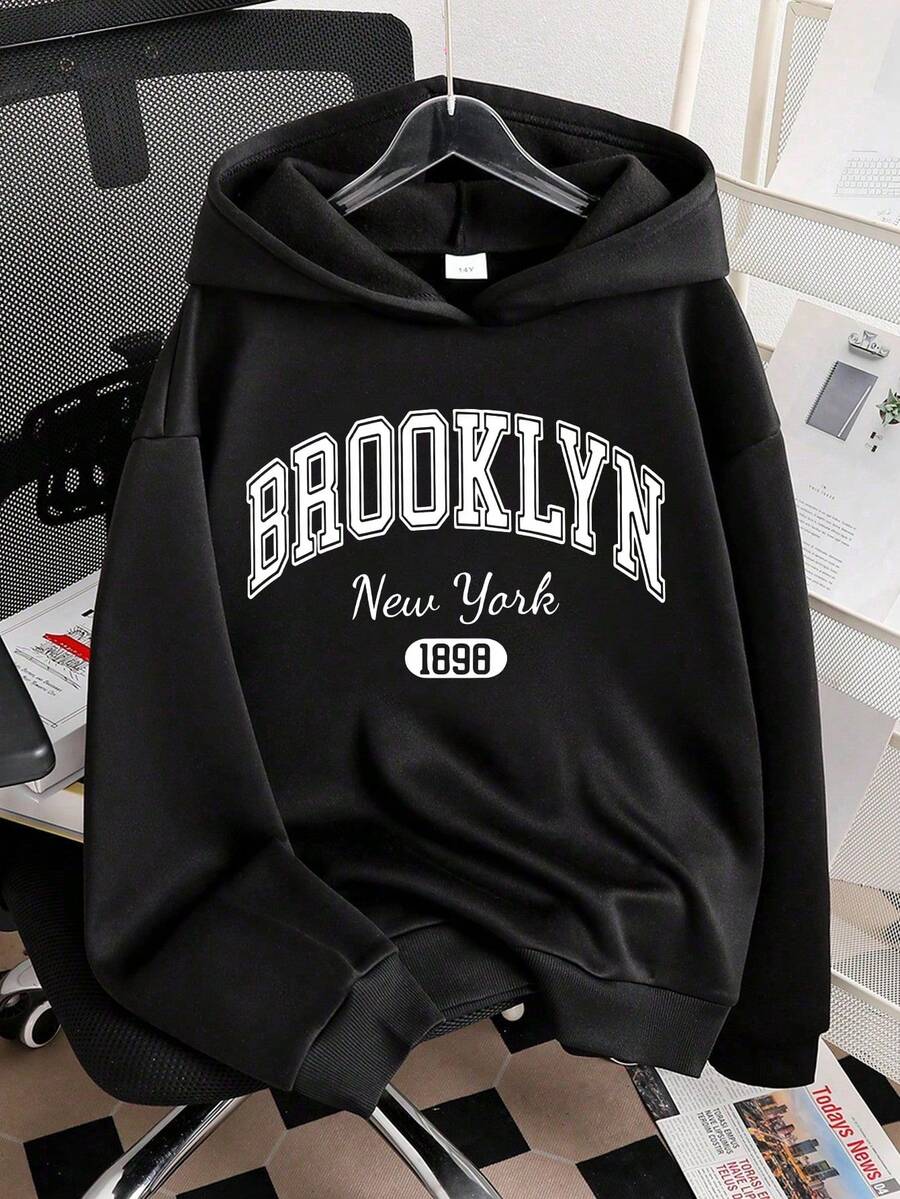 青少年女孩字母图案印花连帽卫衣 - 黑色 - 查看 1