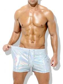 Men's Holographic Metallic Short Sparkly Shiny Short Pants Rave Outfit Hot Shorts With Pockets And Drawstrings - A1-銀色-ck3118 - 查看 8
