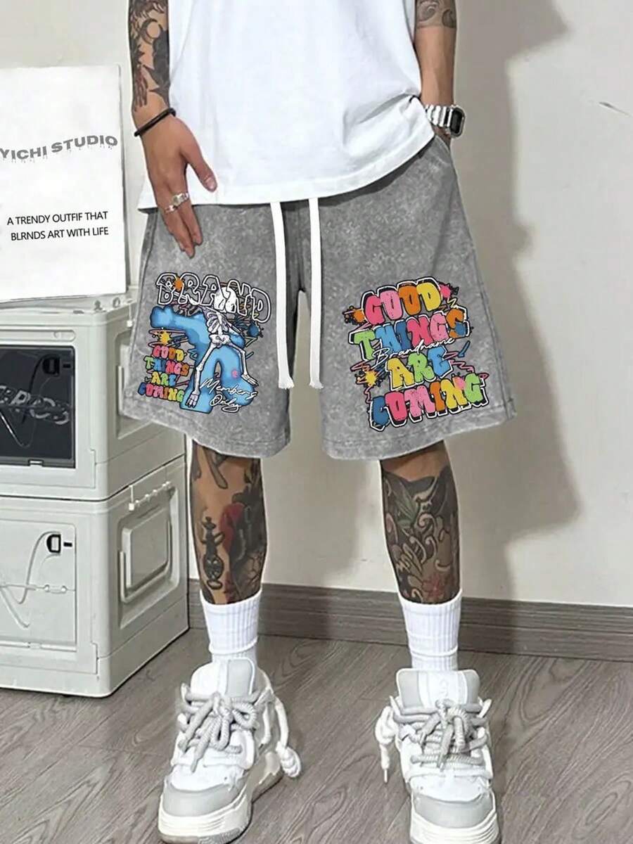 290g Washed Shorts With Colorful Letter Design And Double-Sided Printing For Summer Men's Retro Washed Casual Street Sports Shorts, Comfortable And Breathable, Suitable For Daily Wear, Adjustable Drawstring Waist Circumference, Elastic Waistband And Pocket - 深灰色 - 查看 1