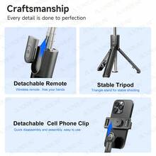 Portable Selfie Stick With Extendable Tripod - Wireless Remote, Lightweight & Compact For Travel, Compatible With IPhone 16/15/14/13 Pro/Xs Max/X/8Plus, Android Phones & GoPro - Black - View 9