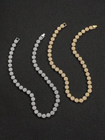 1 Pc Iced Out Tennis Chain Necklace,Round Cut Diamond Pave Hip Hop Streetwear Jewelry,Men's Bling Accessory