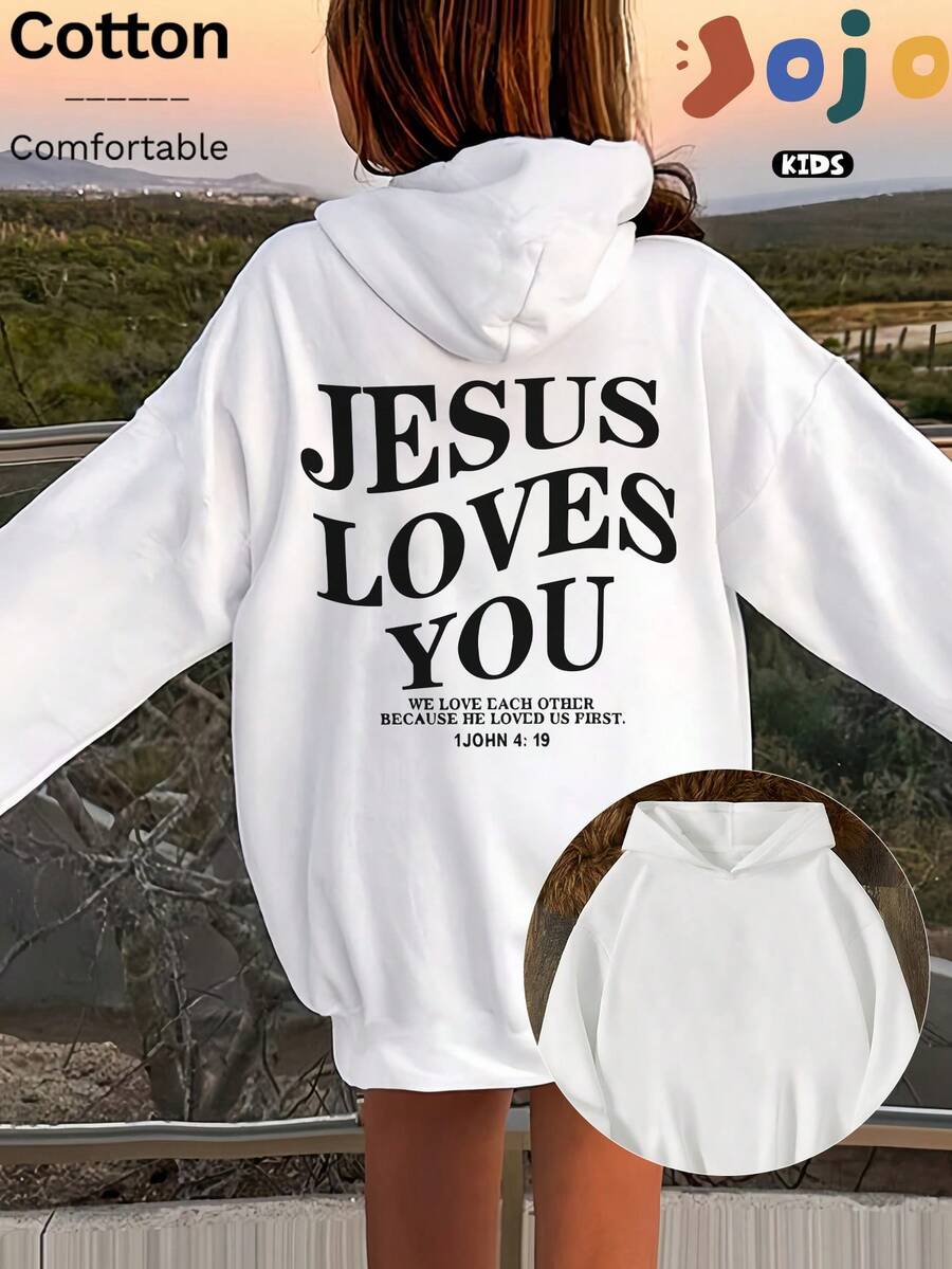 Kreatives, lässiges, minimalistisches Sweatshirt für Jungen/Mädchen mit Baumwollpolsterung, überschnittenen Schultern, bequemer, geschwungener Oversize-Kapuzenpullover mit Rundhalsausschnitt, lockerer Street-Preppy-Stil, Kinderkleidung, drapiertes, weiches Langarm-Oberteil, Sweatshirt der neuen Serie, "Jesus loves you"-Schriftzug-Aufdruck auf der Rückseite