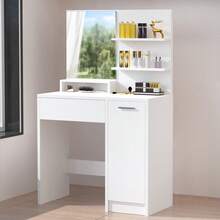 OYAJIA Dressing Table, Vanity Table With Mirror, 1 Drawer, 3 Shelves, Storage Cabinet, Makeup Organiser, White - White - View 6
