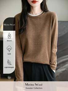 Áo thun cổ tròn bằng len Merino dành cho nữ, kiểu dáng cổ điển mùa thu; Áo len mùa đông dành cho nữ, kiểu dệt kim cổ điển ấm áp tay dài. - màu nâu - Xem 4