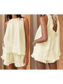 Women's Summer Shorts Outfit Loose Fit Stylish Solid Ruffled Trim Sleeveless Tops And Shorts 2 Pcs Set - Màu vàng - Xem 8
