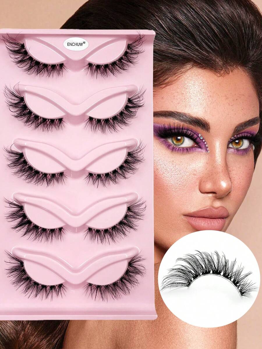 ENCHUW 5 Pairs Cat Eye Eyelashes With Clear Band Soft Black Band 3D Natural False Lashes Fluffy Soft Cross Manga Lashes Wispy Natural Eyelash Extension Makeup - Black - View 1