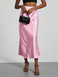 Se-Helo Fashion Women's Elastic Satin Feeling Satin Maxi Skirt - Crabapple Pink - Begonia Powder - View 7