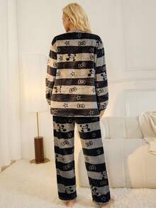 2pcs Set Gray Striped Flannel Fluffy Pajamas With Panda Pattern, Loungewear Set, Fall Winter Clothes, Cozy - Grey - View 2