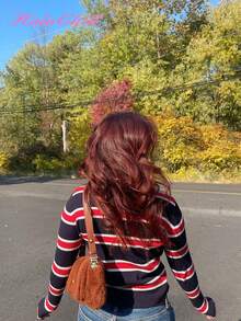 Áo len nữ dài tay cổ tròn phối màu kẻ sọc HoloChill, kiểu dáng thường ngày, đa năng. - Đỏ - Xem 3