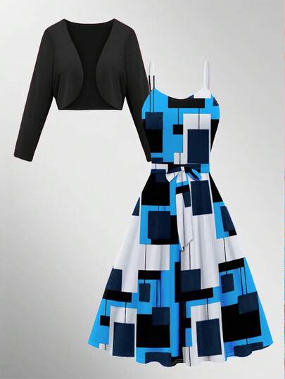 2件套女士纯色长袖开衫和几何印花吊带连衣裙