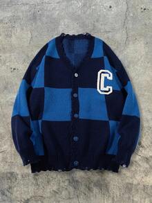 ANDREILEE Plaid V-Neck Long Sleeve Dropped Shoulder Letter Print Casual Loose Unisex Button-Up Cardigan, Suitable For Spring, Autumn, Winter - Blue - View 3