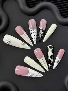 45 毫米超长细高跟指甲法式手工按压指甲，多色人造指甲，带钢珠装饰，渐变手绘创意对比色组合，3D 图案设计，全覆盖 DIY 闪光假指甲（10 片/包）美甲用品美甲 - 彩色 - 查看 2