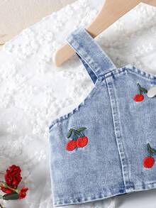 2pcs Young Girl Retro Cherry Embroidery Sleeveless Denim Tank Top And Denim Pleated Skirt Set, Summer