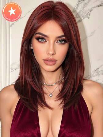패션 16인치 와인 레드 앞머리 중간 길이 어깨 길이 가발 여성용, 내열성 합성 모발, 파티, 축제, 할로윈, 데일리용