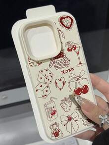 1pc Vintage Fashionable Red Cherry Bow Illustration Textured Anti-Drop Soft Phone Case, Compatible With Apple, Phones - Multicolor - View 2