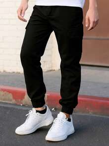 3pcs Young Boys' Solid Color Cargo Pants With Large Pockets, Fashionable Casual Drawstring Trousers, Suitable For All Seasons - Grey - View 3