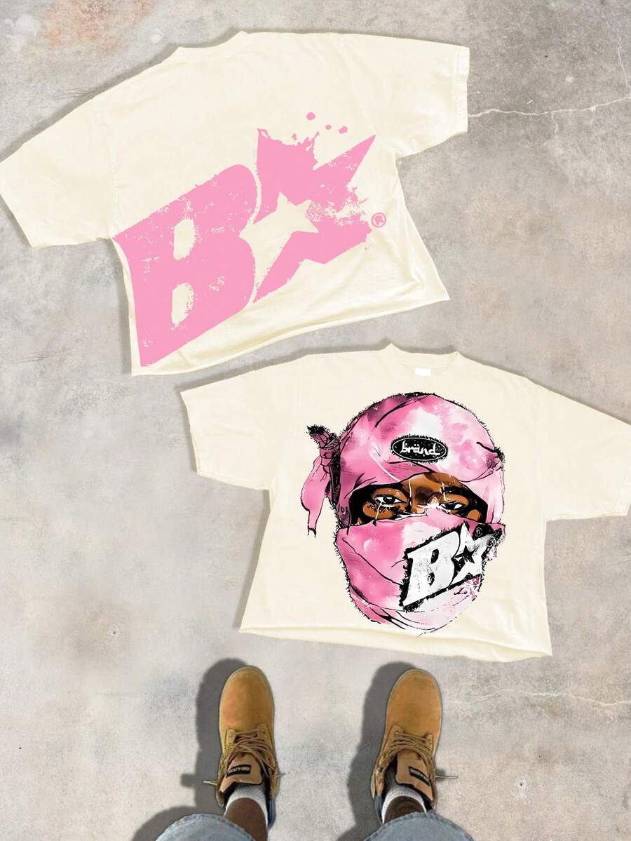 A 220-Gram Pure Cotton T-ShirtAmerican-Style Hip-Hop, Streetwear Style, With A Large Pink Letter 'B' And Star Pattern On The Back, Featuring Splatter Paint And Distressed Effects To Create A Street Graffiti Feel, Suitable For Young People Who Follow Hip-Hop . - 杏色 - 查看 1