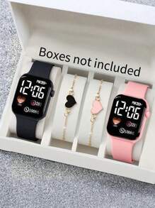 4件套时尚可爱情侣数字手表和心形手链套装，适合学生及各种场合佩戴