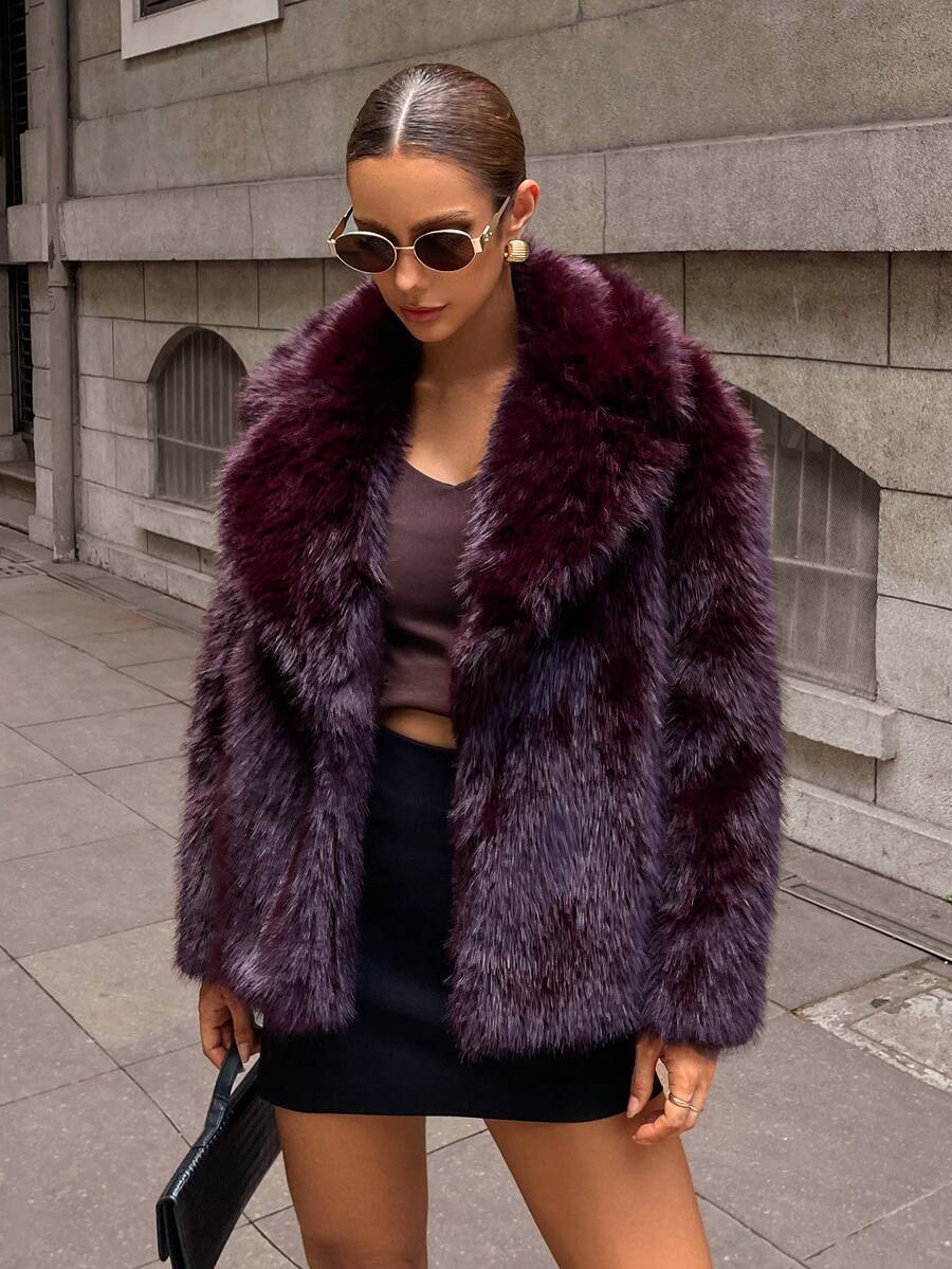 Women's Burgundy Luxury Faux Fur Coat, Autumn/Winter - Burgundy - View 1