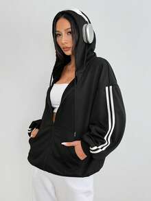 一件拉链条纹夹克，新款宽松休闲运动外套，黑色，春季款 - 黑色 - 查看 5