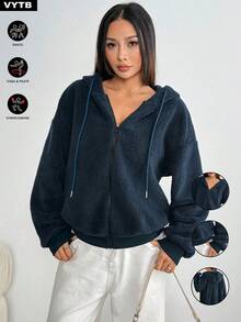 Women's Fashion Zip-Up Jacket, Warm Autumn/Winter Sports Outerwear, Casual Solid Color Loose Fit Hooded Sweatshirt, Versatile - Navy Blue - View 4