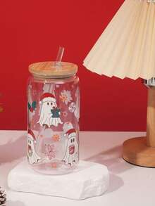 16盎司彩色圣诞图案梅森杯，单层PC梅森瓶配竹盖，475毫升圣诞塑料杯