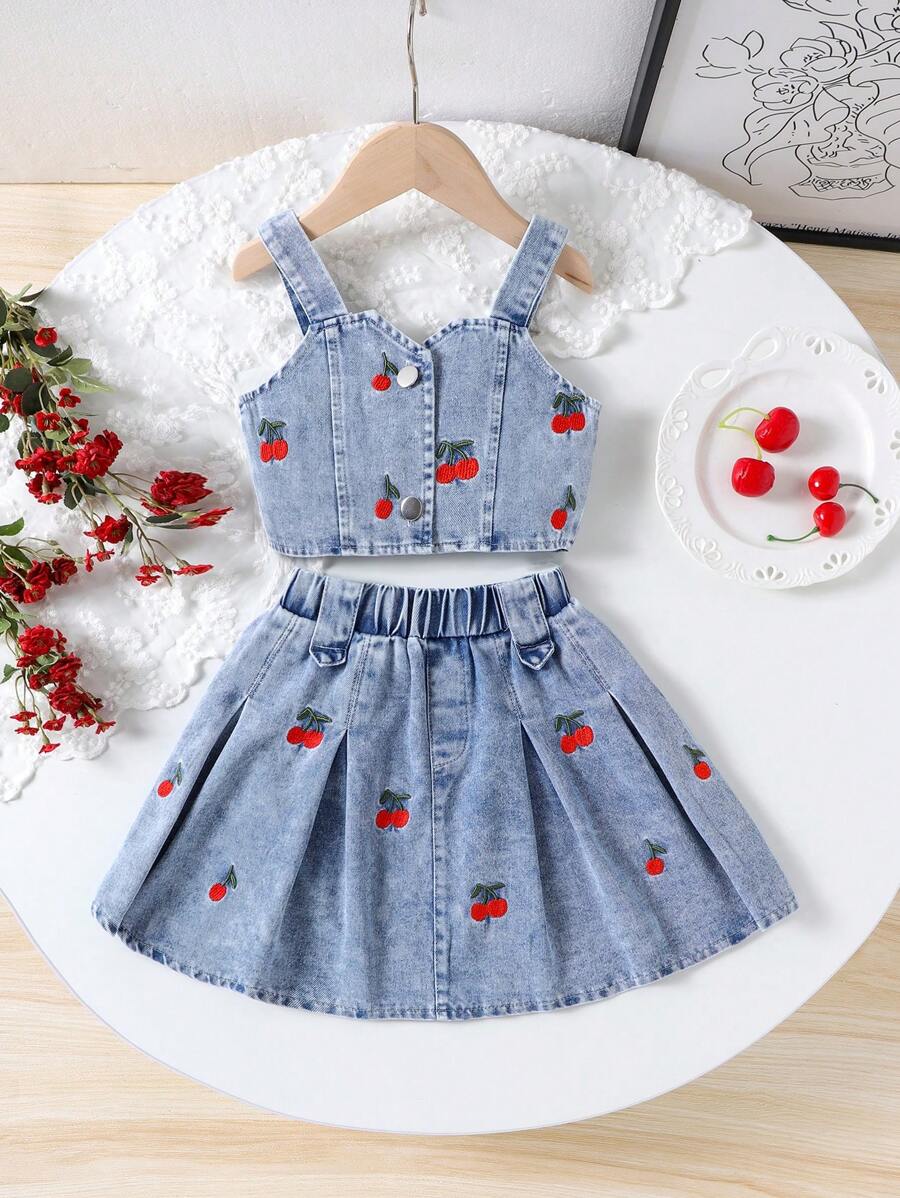 2pcs Young Girl Retro Cherry Embroidery Sleeveless Denim Tank Top And Denim Pleated Skirt Set, Summer