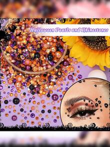 2 Boxes Mixed Pearls And Rhinestones For Nail Art, Crafts, Orange Purple Black Halloween Flat Back Pearls For Nails, With Tweezers And Wax Pencil, Embedded With Sparkling Gemstones For DIY Face, Eyes, Cosmetics, Roller, Bottle Making - Orange - View 5