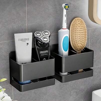 1个壁挂式浴室收纳盒 - 黑色铁艺多功能收纳盒，可放置牙刷、剃须刀、化妆刷等 - 节省空间的梳妆台或淋浴置物架，浴室牙刷架，淋浴收纳盒，现代美学，经久耐用，简约设计，结构稳固，公寓生活浴室配件