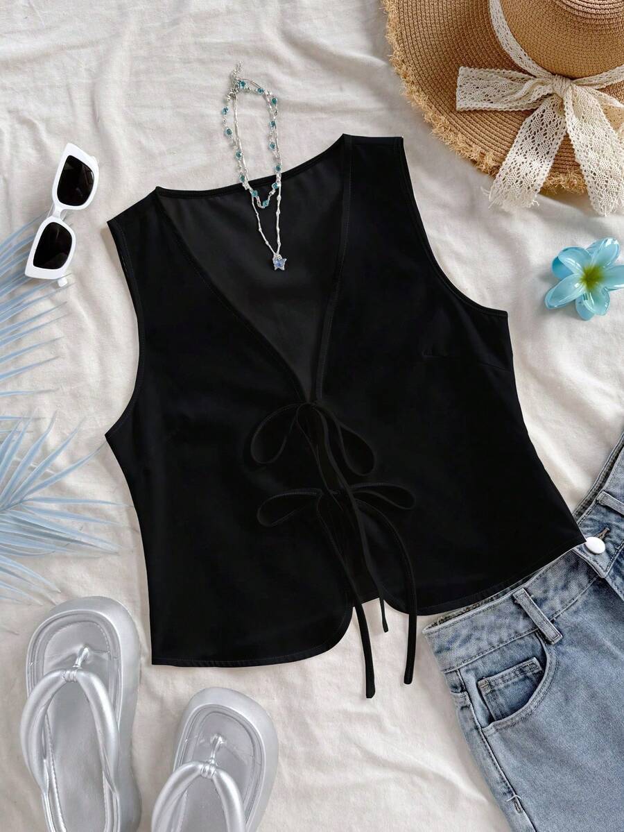 Soleia Top de tirantes informal de unicolor de verano para mujer Lazo Casual TOP Summer - Negro - Ver 1