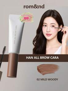 Rom&nd Romand ALL BROW CARA 02 柔和木质香调，轻盈笔触打造丝绒般柔滑妆效，植物基透气科技，灰棕色眉毛纹理，冷调茶色丝绒般蓬松，暖调焦糖色羽毛扎染，便携式眉部塑形套装，韩式彩妆，9克/0.32盎司 - 02 溫和的木香 - 查看 2