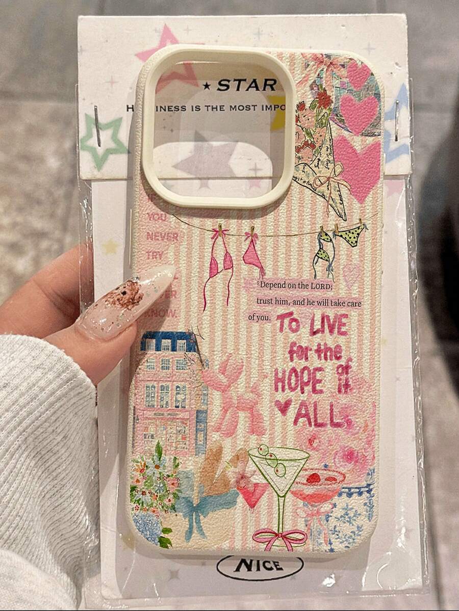 1 件可爱复古时尚粉色条纹花卉果汁插画荔枝纹理防摔防滑软手机壳，适用于苹果、三星、手机 - 彩色 - 查看 1