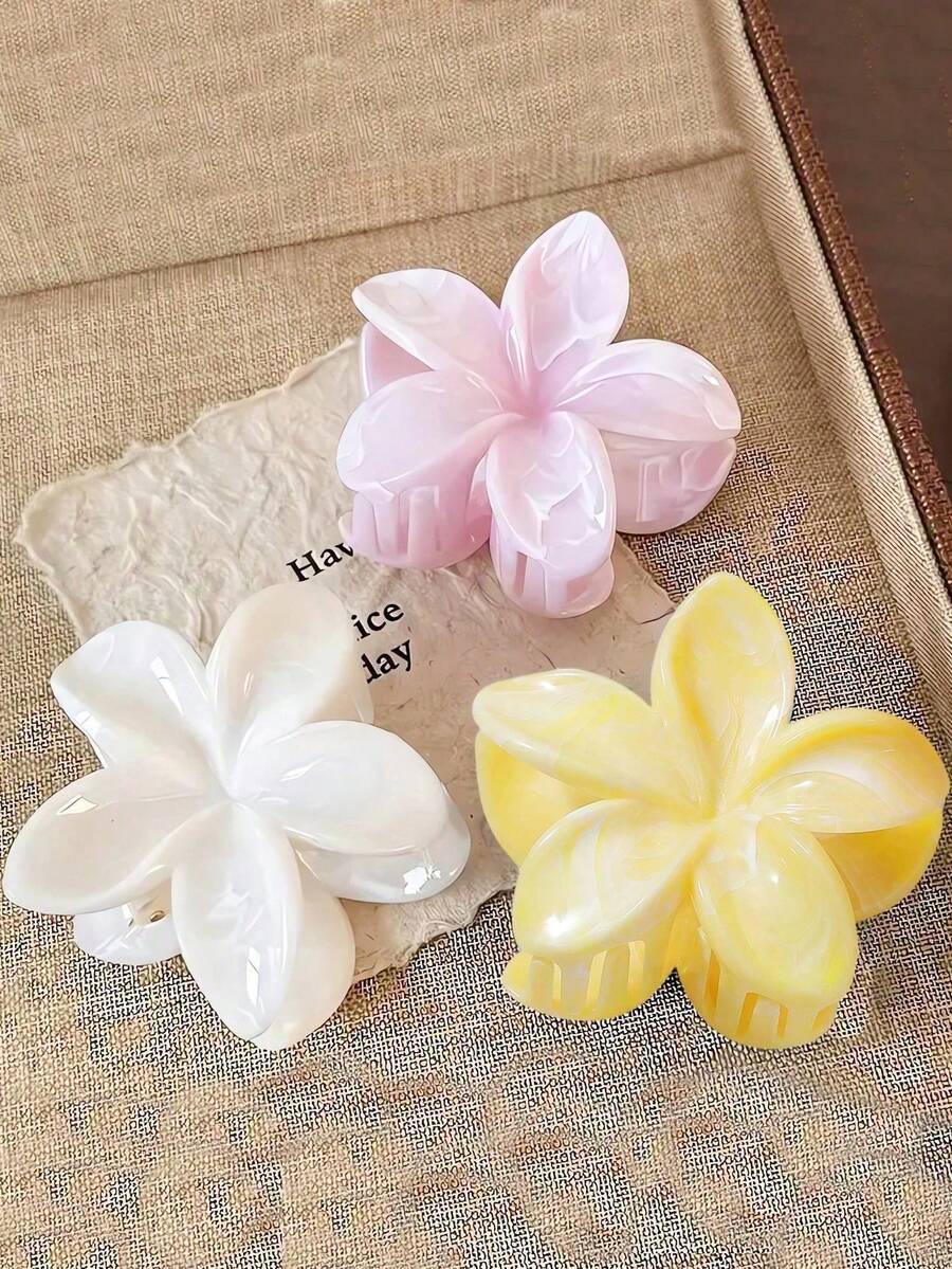 3件套女士亚克力渐变大花朵发爪，简约优雅发髻夹配饰，适合休闲、旅行、度假装扮，花朵发夹，时尚发爪夹，秋冬度假必备单品，适合女士夏季海滩度假。 - 彩色 - 查看 1