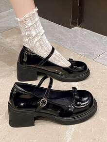 1 Pair Retro Black Shiny Leather Mary Jane Shoes, Simple & Fashionable Platform High Heel Pumps For Teens, Versatile Daily Wear - Black - View 1