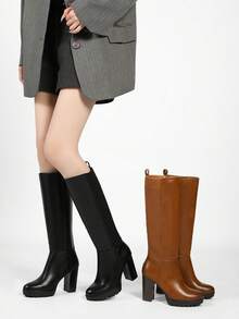 Women's Pointed Toe Fashion Daily Commute High Heel Side Zipper Knee-High Boots - Camel - View 3