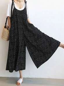 Casual  Bohemio    Ninguno    Diario  Vacación Mono falda de pierna ancha para mujer, nuevo modelo con tirantes y pantalones de nueve décimas con estampado de lunares, casual y holgado - Negro - Ver 1