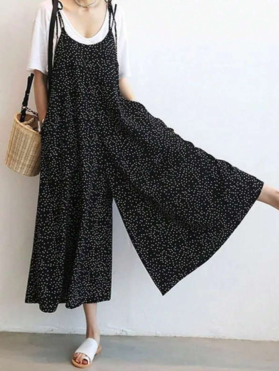 Casual  Bohemio    Ninguno    Diario  Vacación Mono falda de pierna ancha para mujer, nuevo modelo con tirantes y pantalones de nueve décimas con estampado de lunares, casual y holgado - Negro - Ver 1