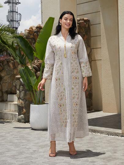 Women's Embroidered Mesh Stand Collar Sequin Long Sleeve Dress, Elegant Jalabiya