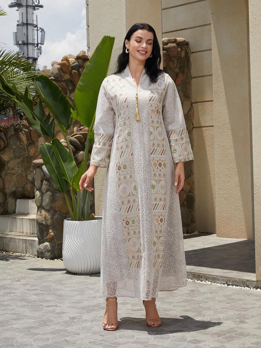 女士刺绣网眼立领亮片长袖连衣裙，优雅的 Jalabiya