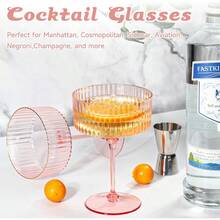 24 Pcs Detachable Martini Glasses 10oz Plasitc Pink Ribbed Coupe Glasses Gold Rim With Pink Stem Vintage Cocktail Glassware Set Unique Martini Glass For Champagne Wine Wedding Anniversary Bar - 羅紋粉紅色 - 查看 4